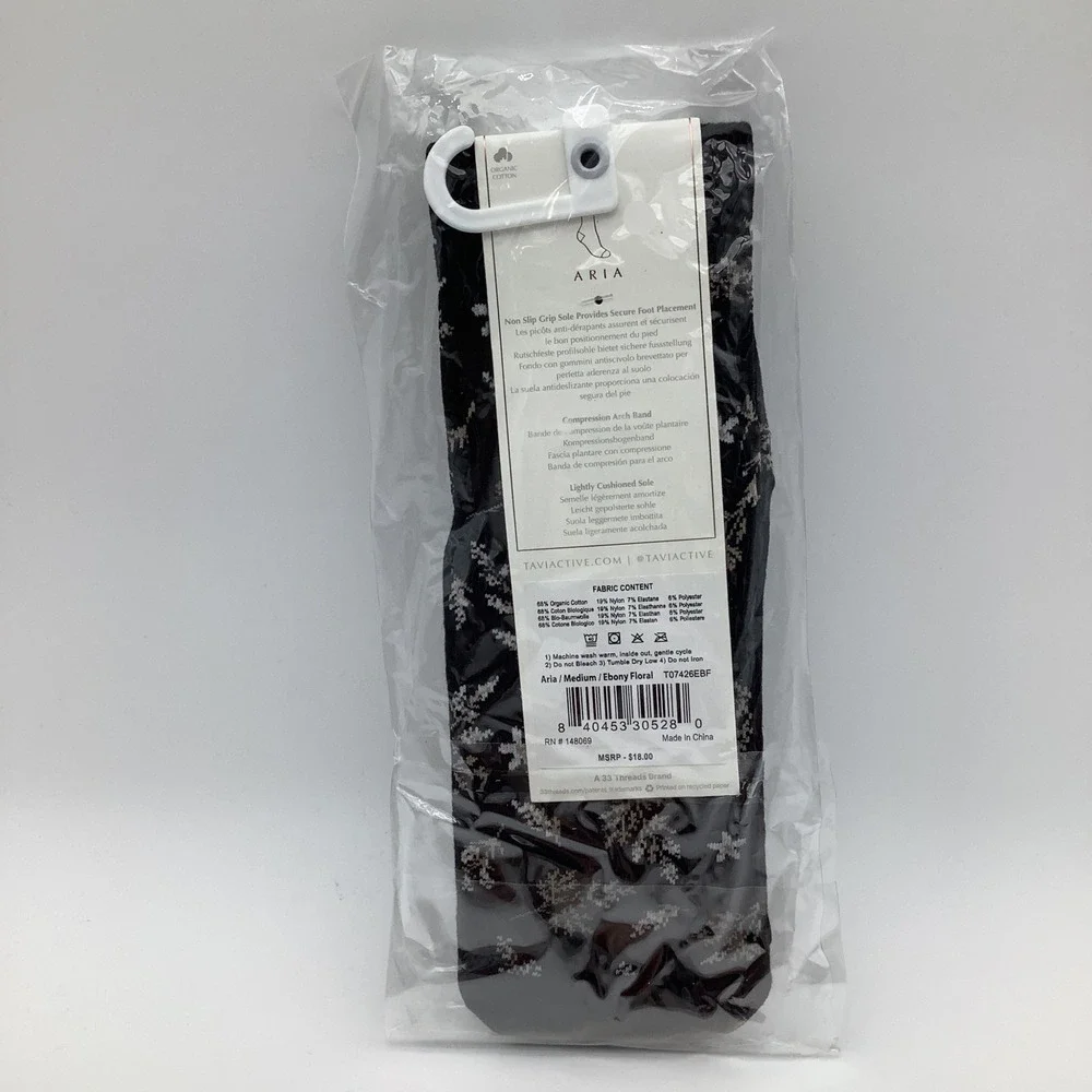 Tavi Aria Grip‎ Socks Ebony Floral Black Crew Yoga Pilates Barre Size Medium NWT